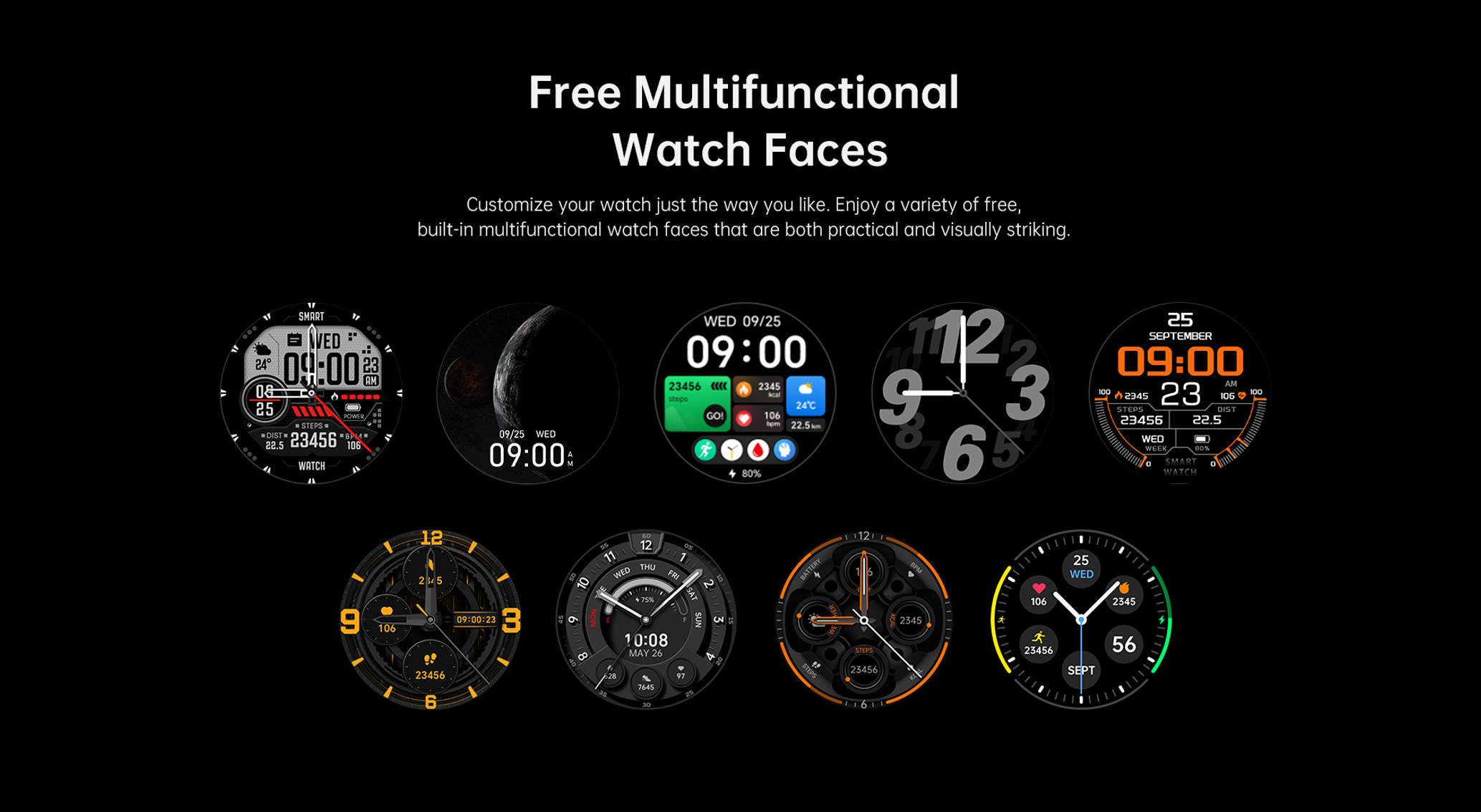 Once carátulas de smartwatch diferentes que muestran hora, fecha, pasos, frecuencia cardíaca y batería.