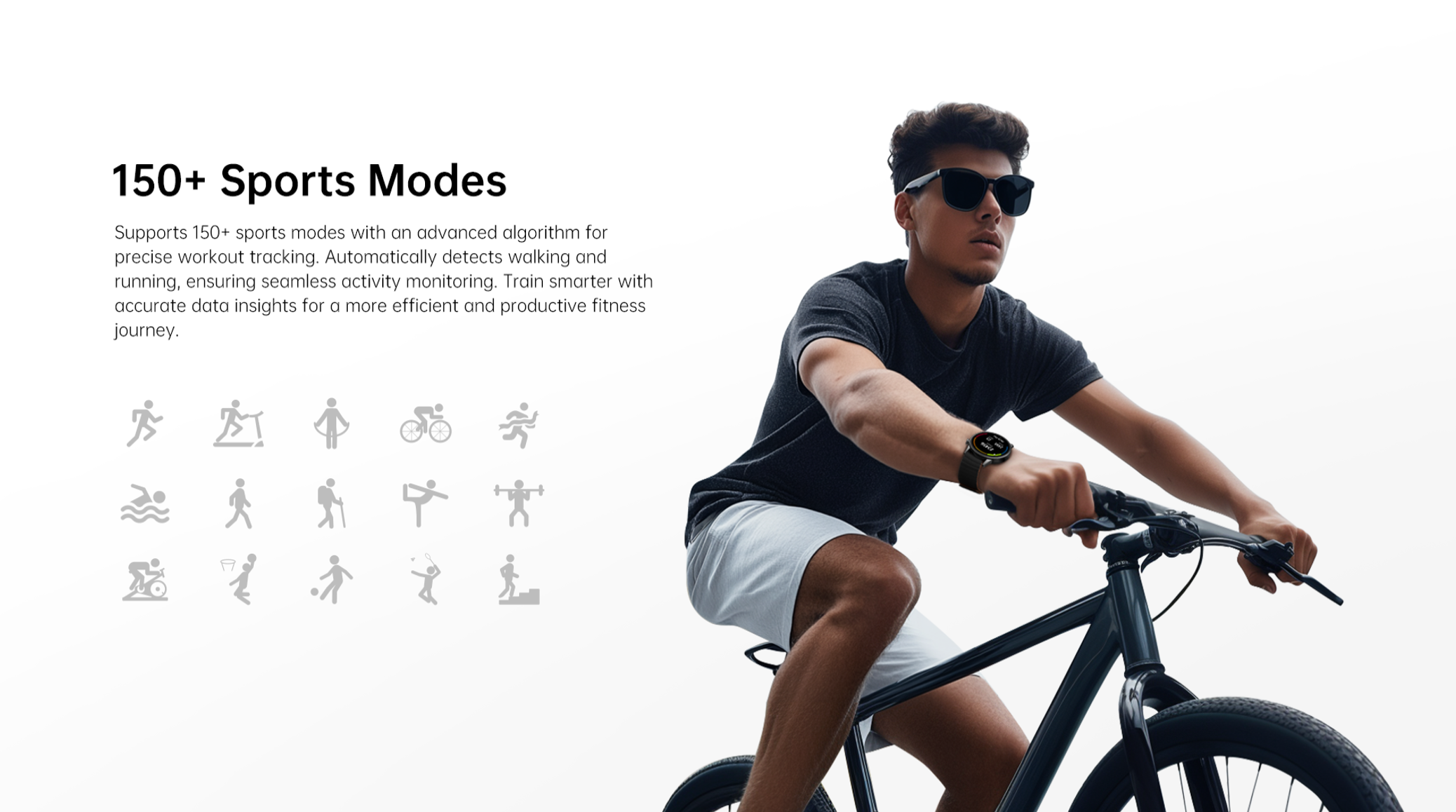 Un hombre monta en bicicleta, lleva un reloj inteligente con más de 150 modos deportivos.
