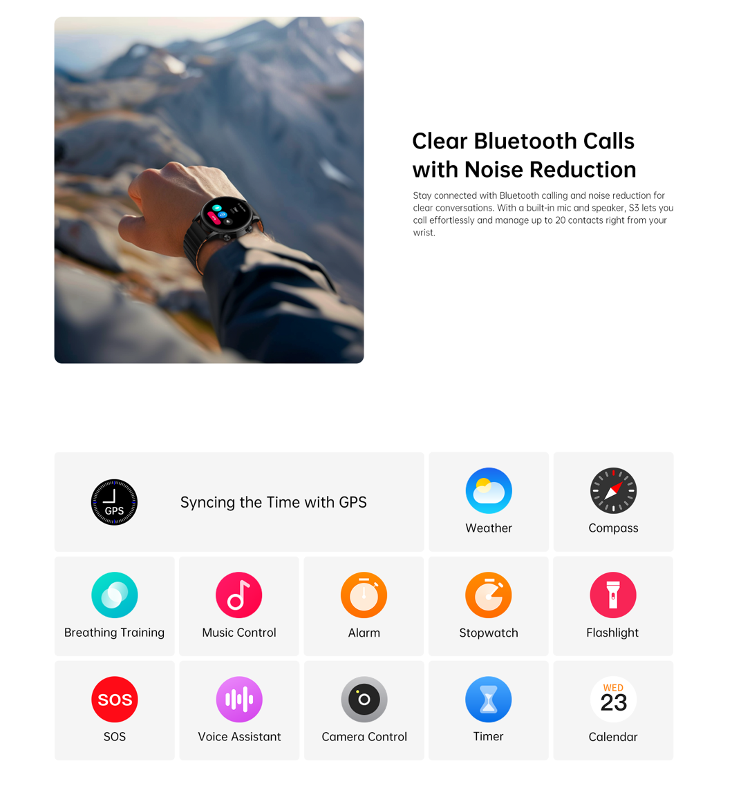 Una mano con un reloj inteligente ante un paisaje de montaña. Iconos de varias apps.