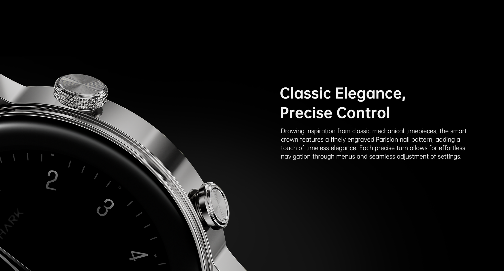 Primer plano de un reloj inteligente con esfera negra y corona plateada.
