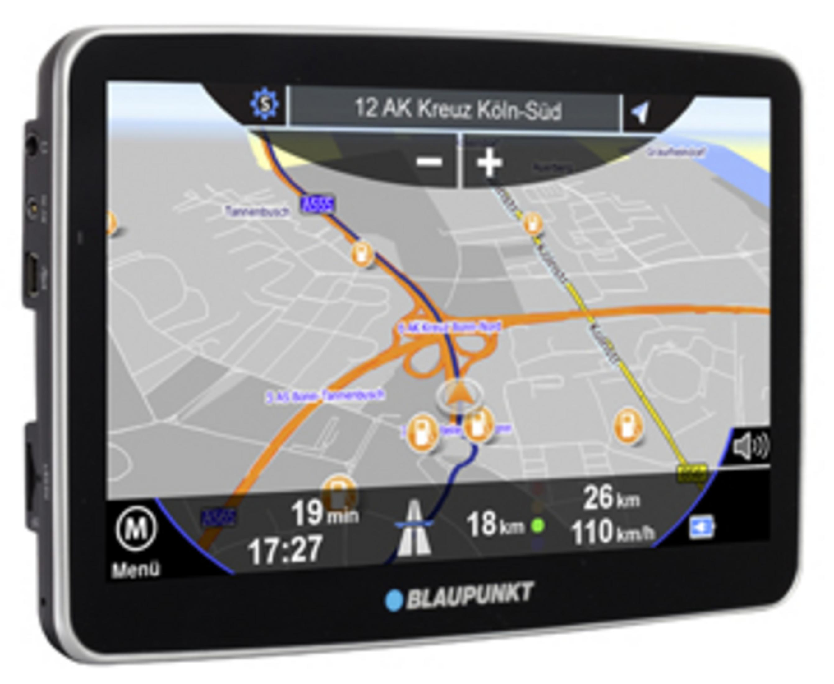 Navigationsgerät zeigt Karte mit Route, Zeit, Distanz und Geschwindigkeit.