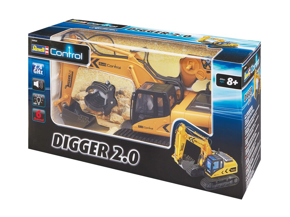 Verpackung eines gelben ferngesteuerten Baggers mit "DIGGER 2.0" Aufschrift.