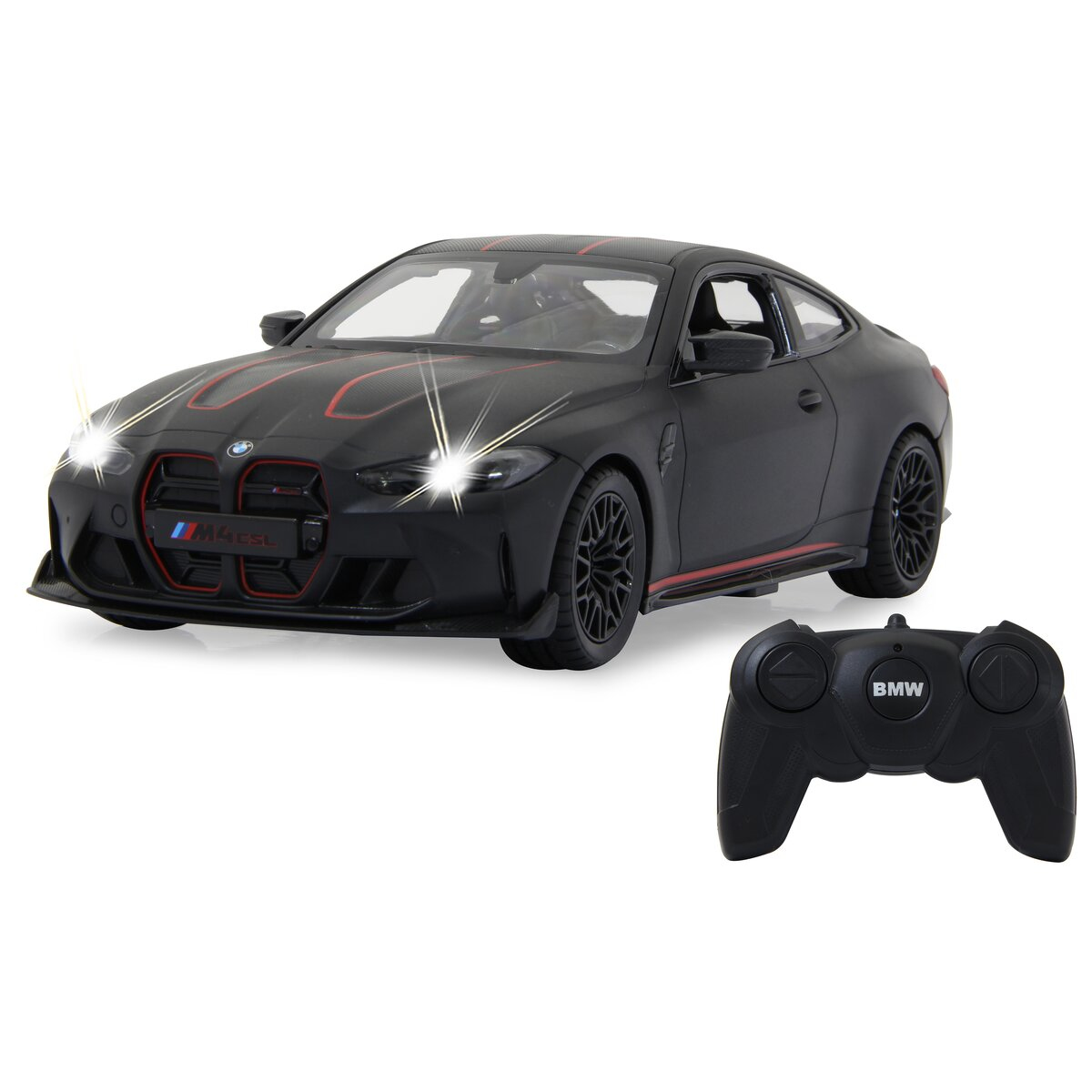 Schwarzes ferngesteuertes Spielzeugauto mit roten Akzenten und Fernbedienung.