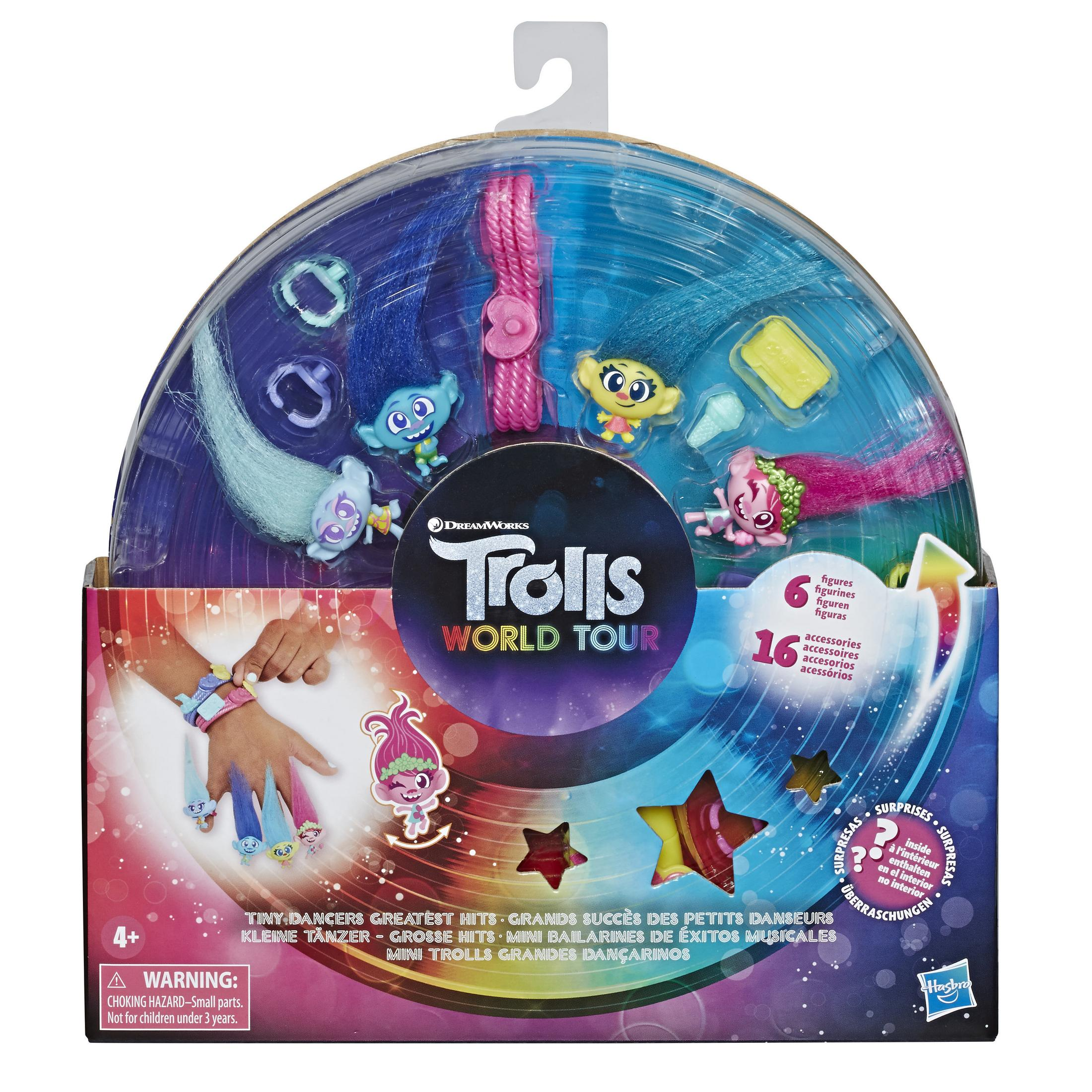 Ensemble de jouets Trolls World Tour avec figurines et accessoires dans un emballage rond.