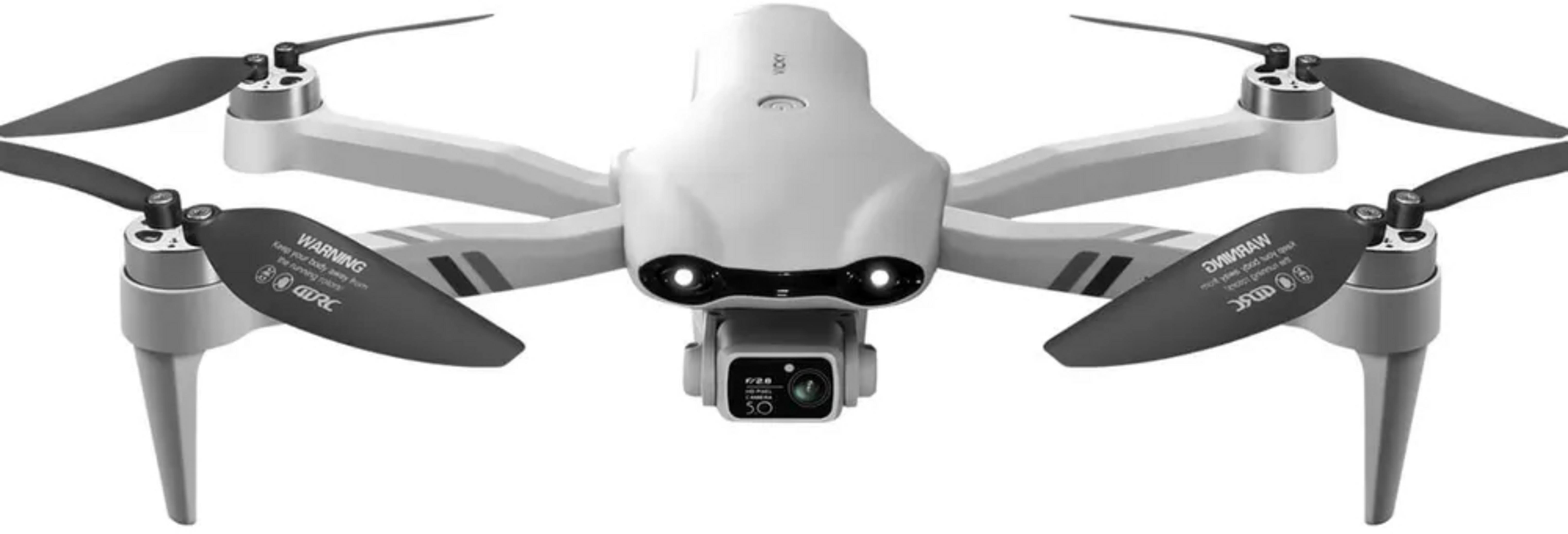 Biały dron z czterema śmigłami i kamerą, na białym tle.