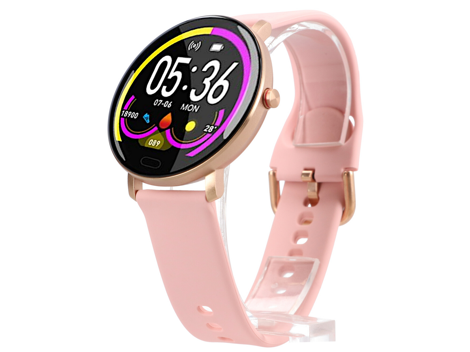Różowy smartwatch ze złotą kopertą i cyfrowym wyświetlaczem.