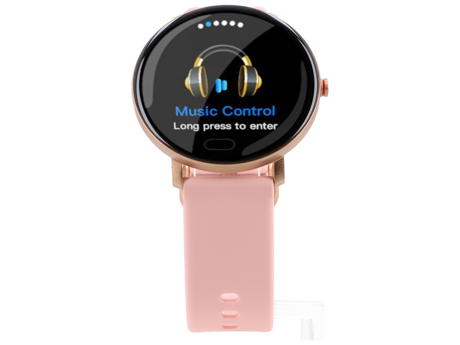 Różowy smartwatch z ikoną słuchawek i tekstem "Sterowanie muzyką".