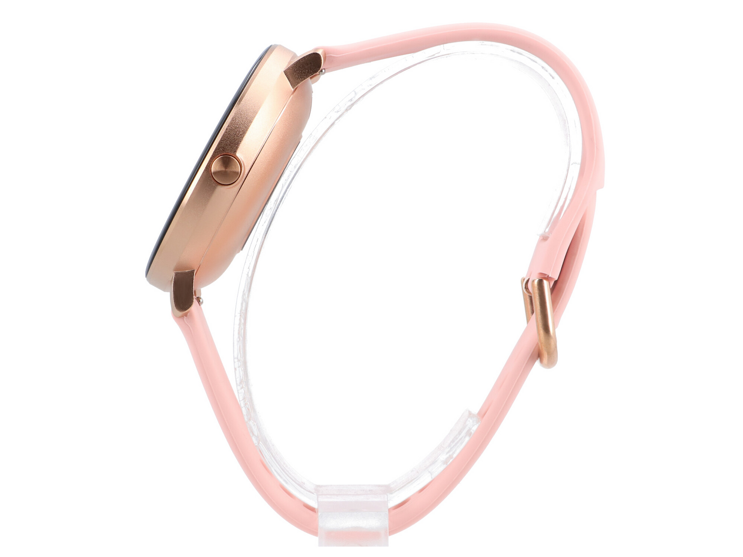 Różowo-złoty smartwatch z różową bransoletką na przezroczystym stojaku.