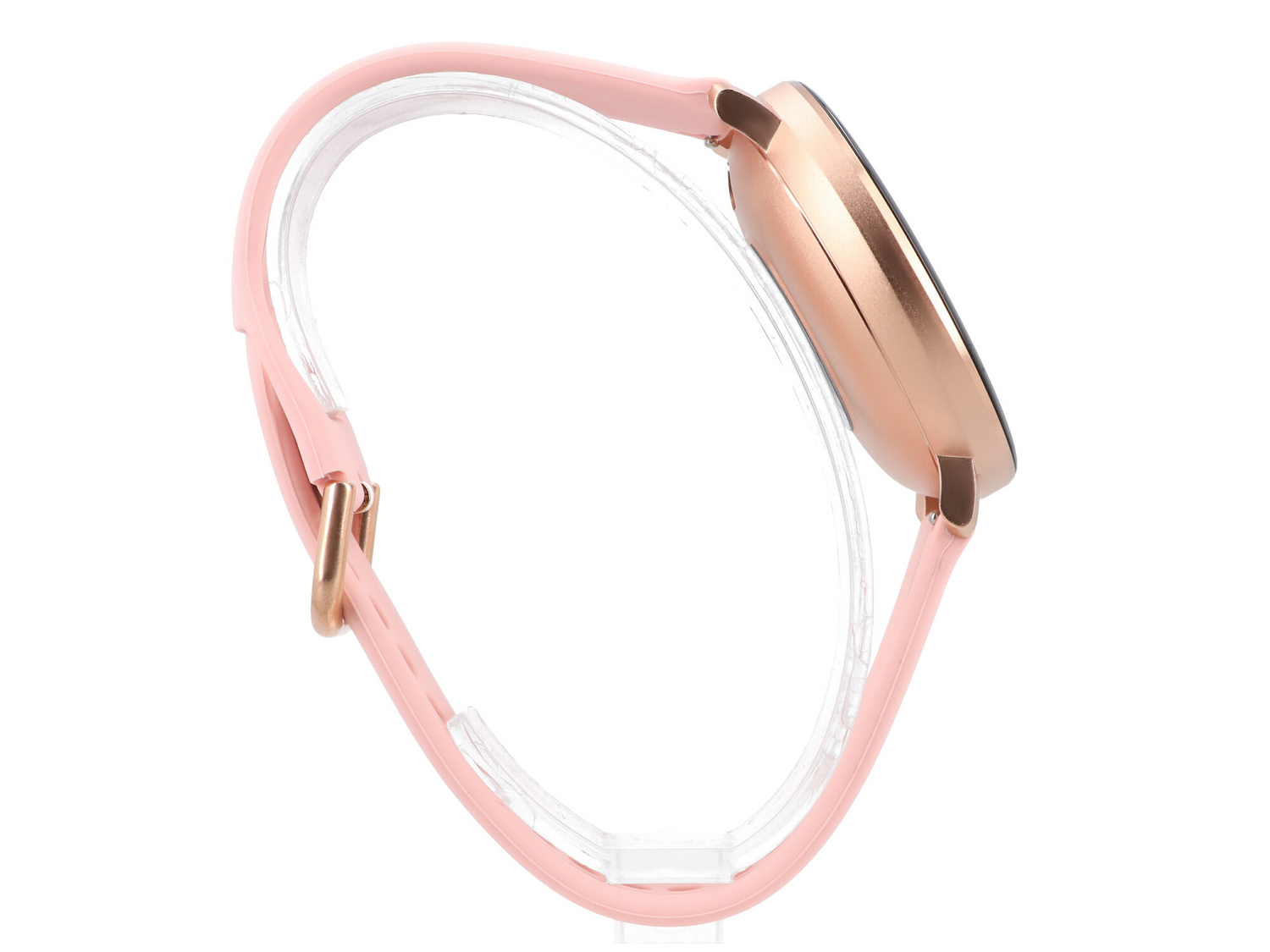 Różowy smartwatch z kopertą w kolorze różowego złota na białym tle.