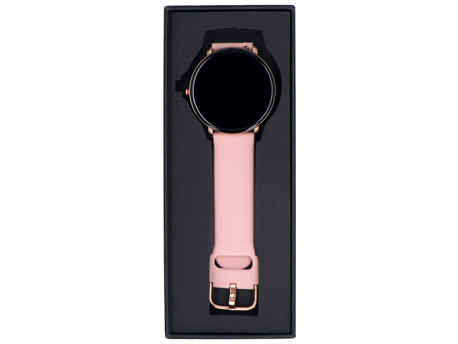 Różowy smartwatch z czarną tarczą, prezentowany w czarnym pudełku.