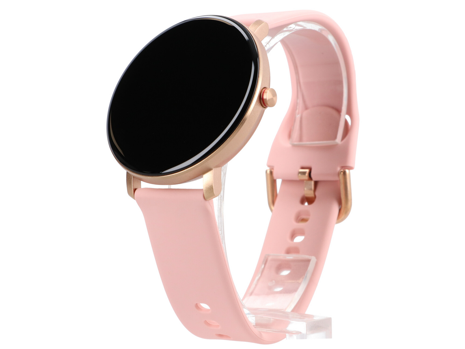 Zegarek smartwatch w kolorze różowego złota z czarnym ekranem i różową bransoletą.