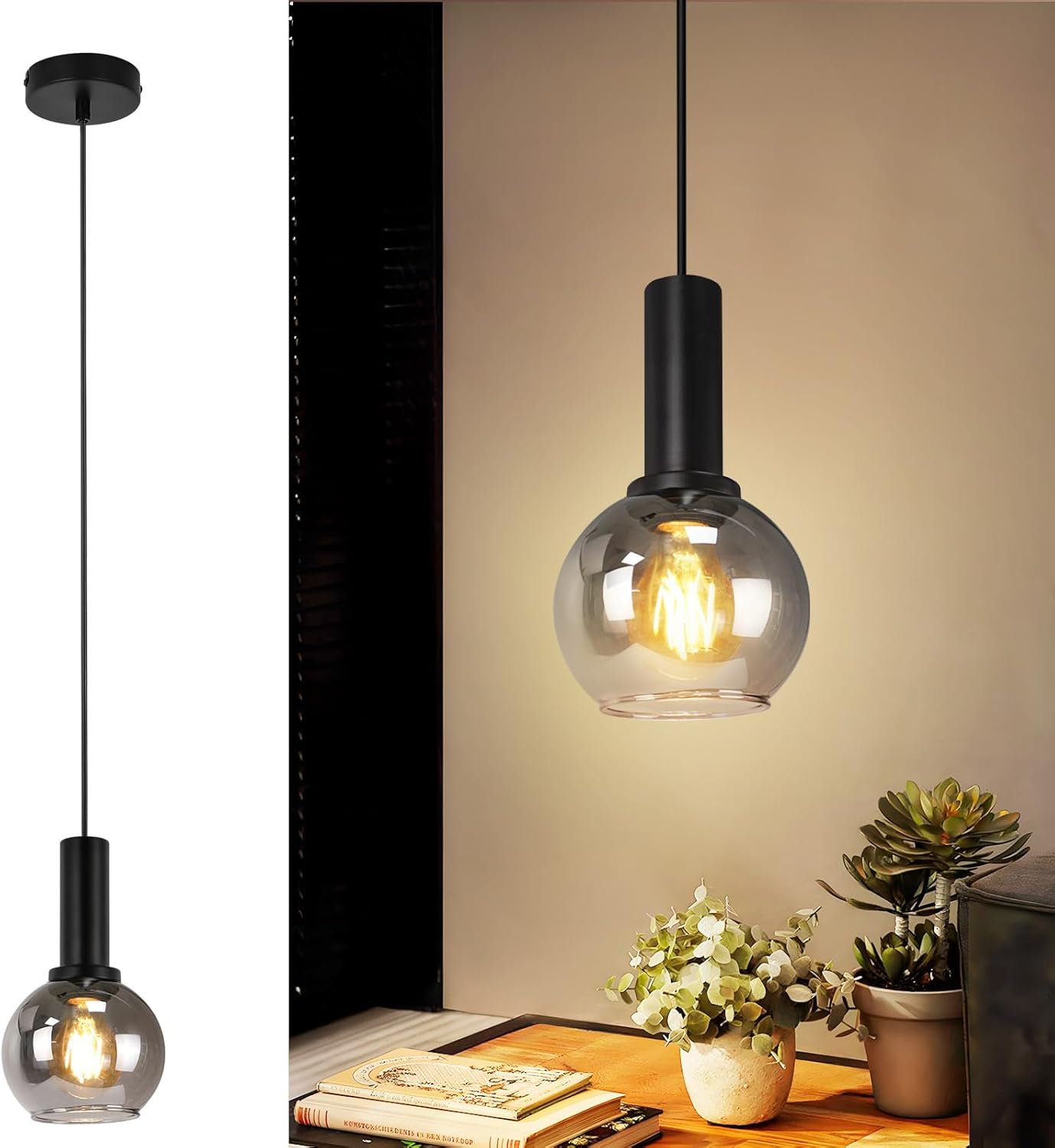 Eine Glas-Pendelleuchte mit Vintage-Glühbirne hängt über einem Schreibtisch mit Pflanzen und Büchern.