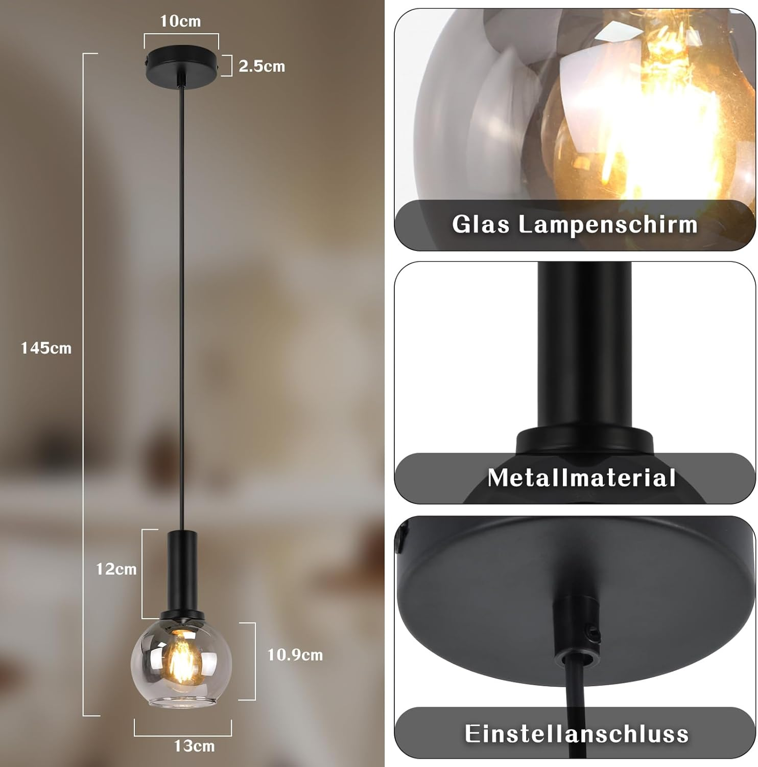 Schwarze Pendelleuchte mit Glaskugel und Glühbirne, Maße angegeben.