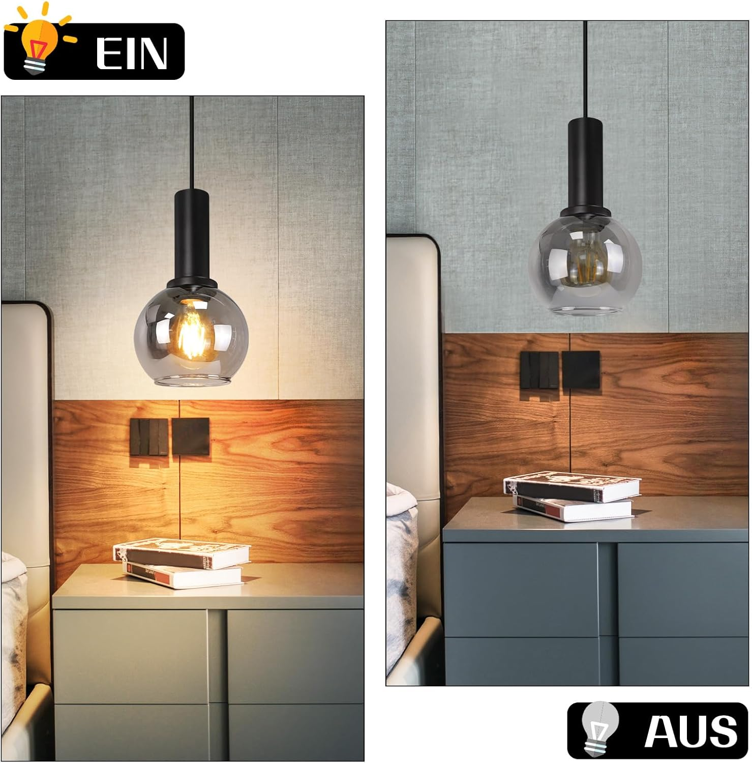 Ein moderner Pendelleuchter mit Rauchglas und schwarzem Sockel über einem Nachttisch.