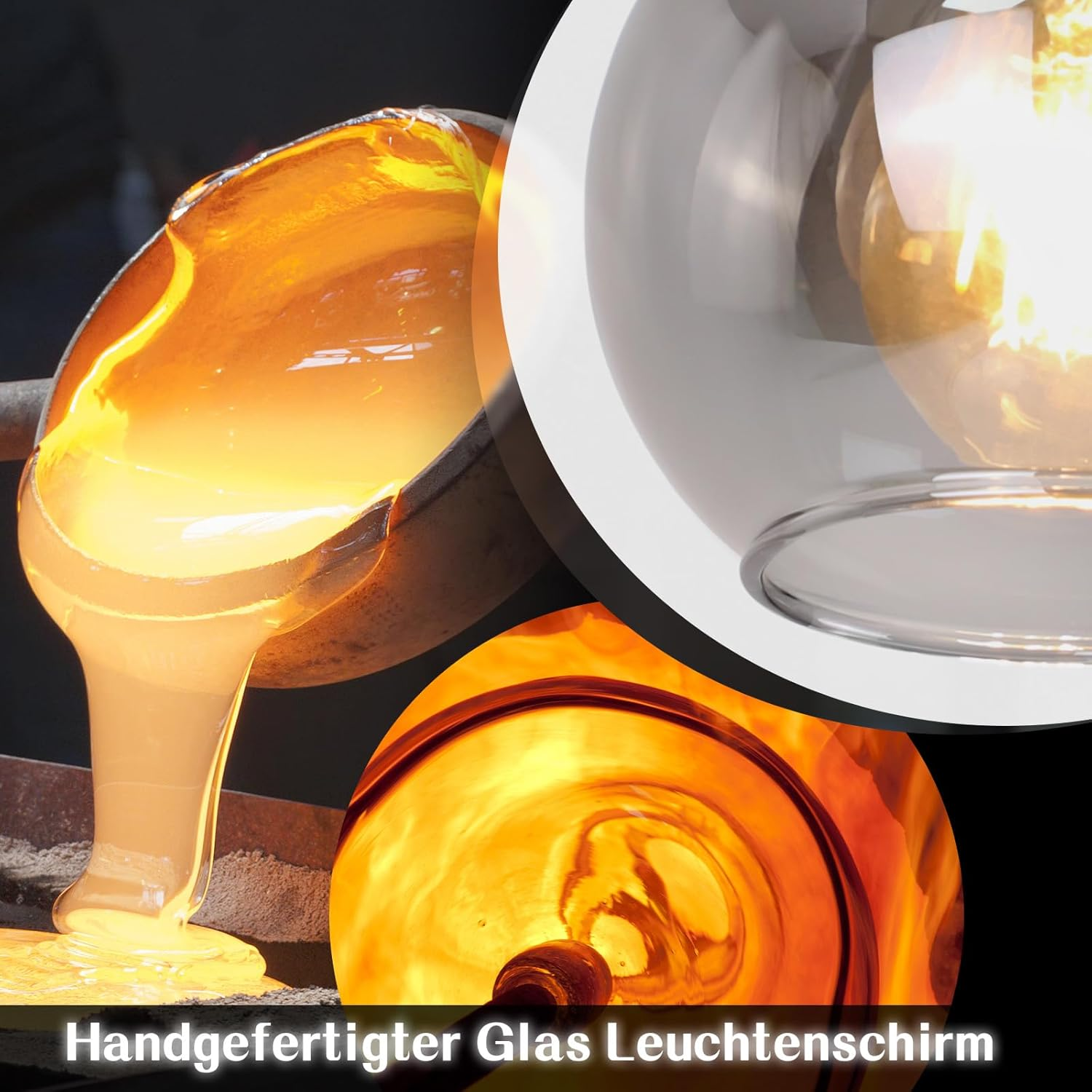 Flüssiges Glas wird gegossen, ein Glasschirm mit Glühbirne, glühendes Glas.