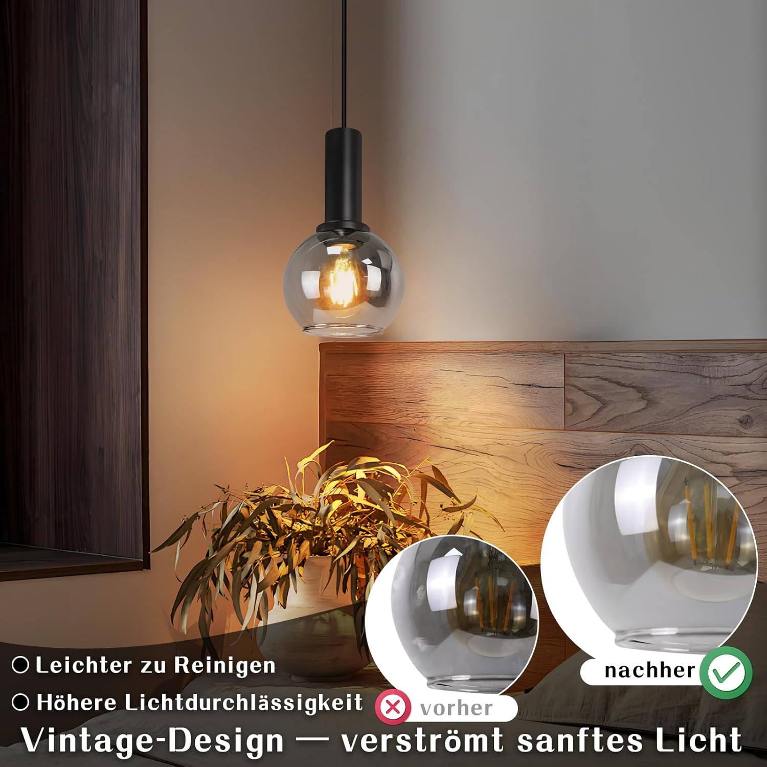 Hängeleuchte mit Glaskugel und Vintage-Glühbirne, neben einem Pflanzenarrangement.