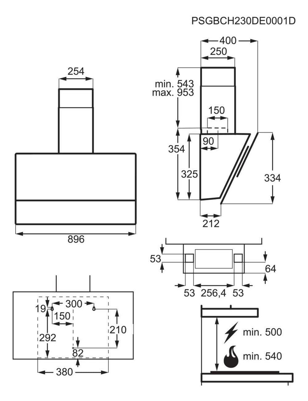 Disegno tecnico di una cappa da cucina con dimensioni e dettagli.