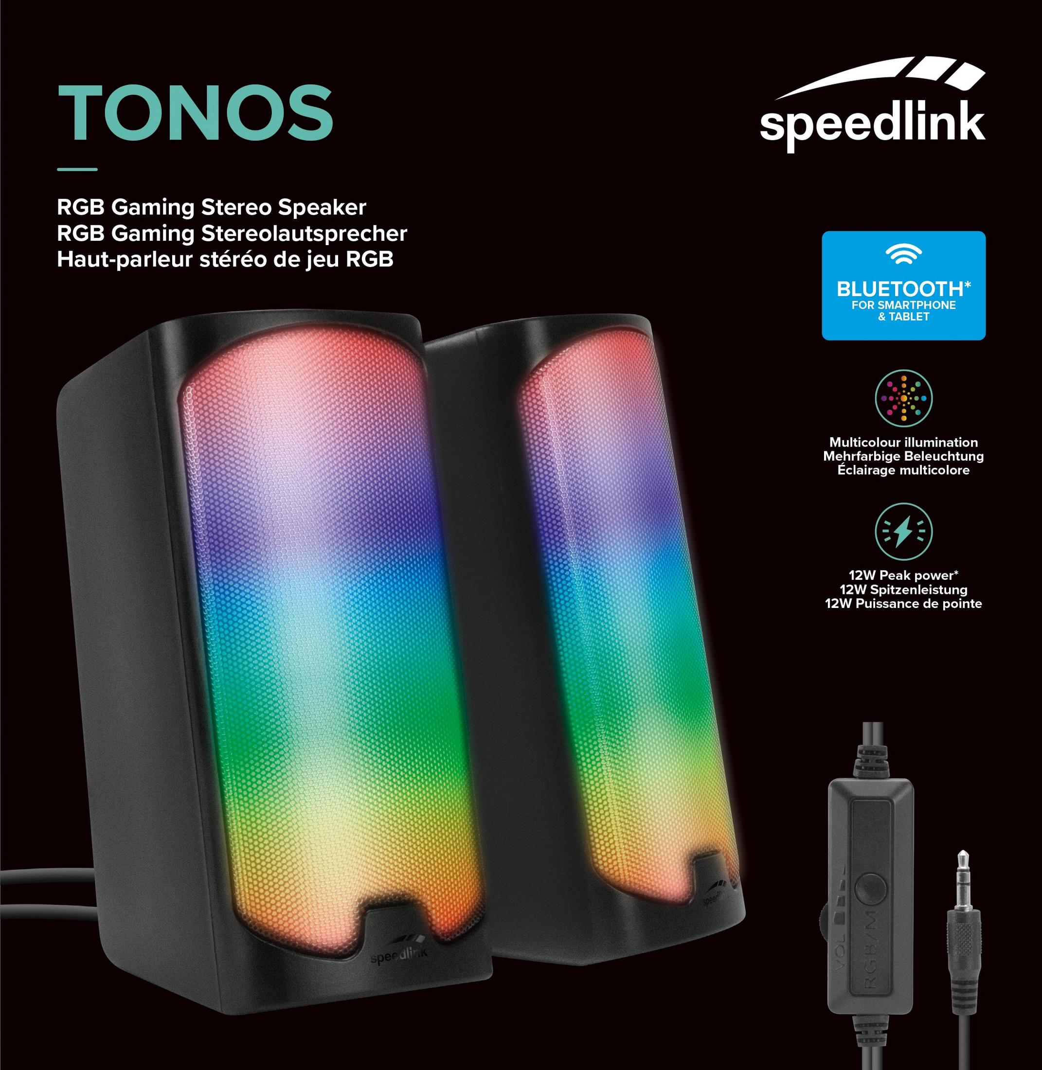 Deux haut-parleurs gaming Speedlink Tonos noirs avec éclairage RGB multicolore.