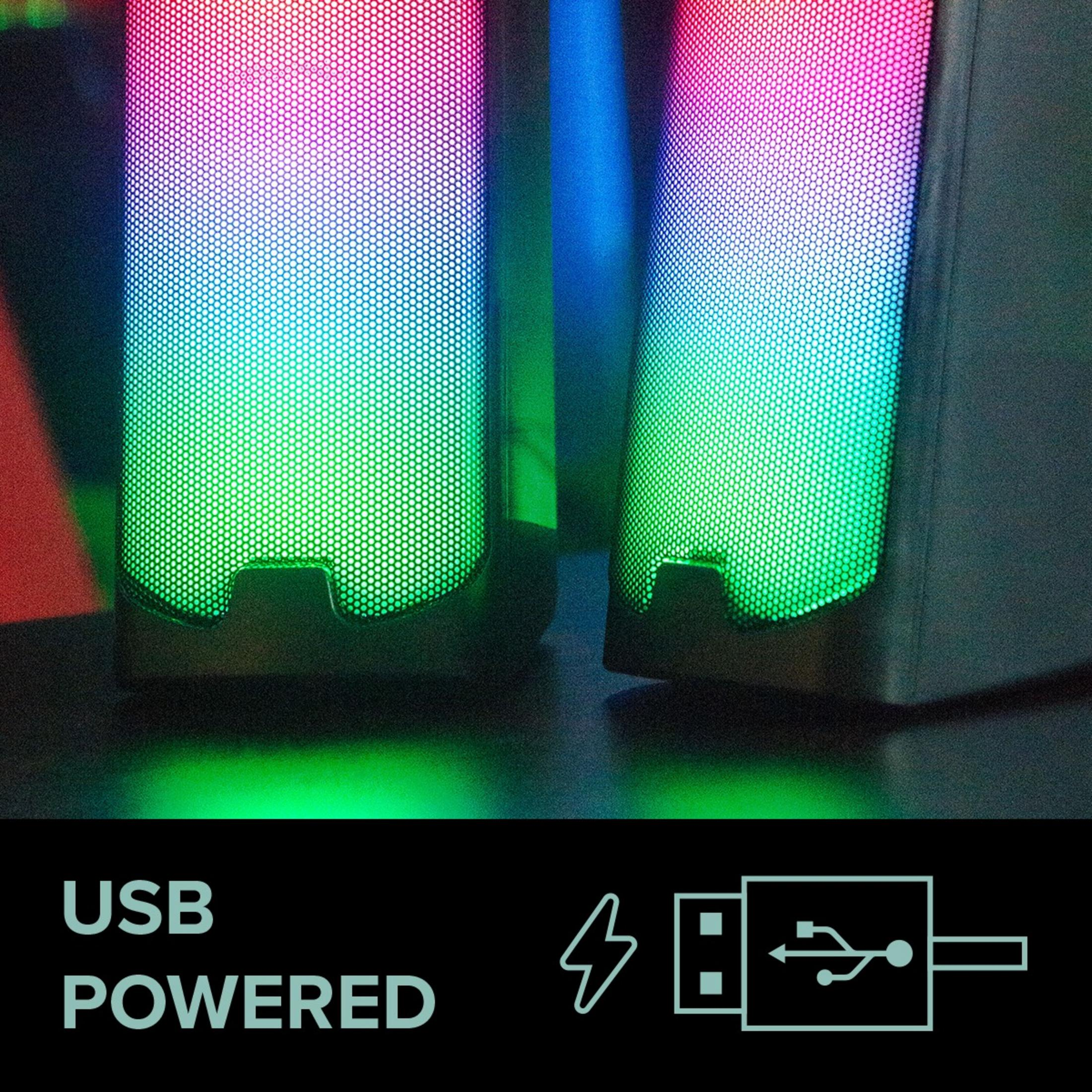 Deux haut-parleurs éclairés avec éclairage RVB, alimentés par USB.