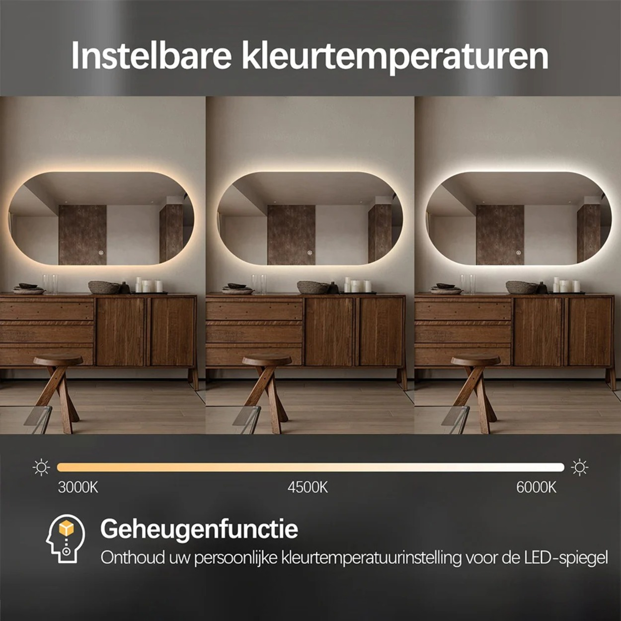 Drie spiegels tonen verschillende lichttemperaturen van 3000K tot 6000K.