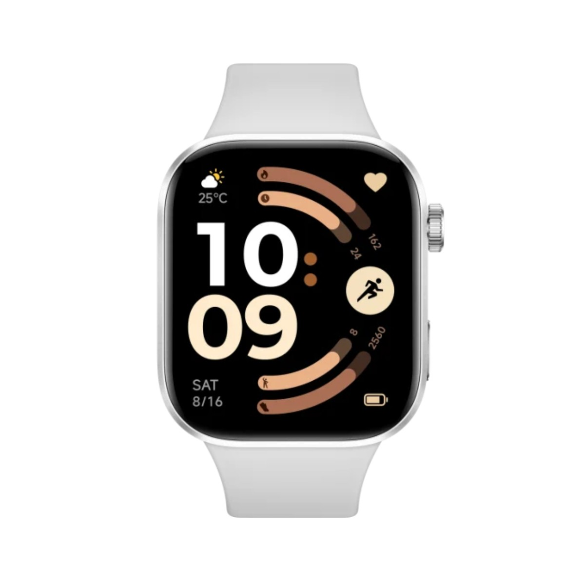 Uno smartwatch bianco con ghiera argentata mostra 10:09, 25°C, data e statistiche.