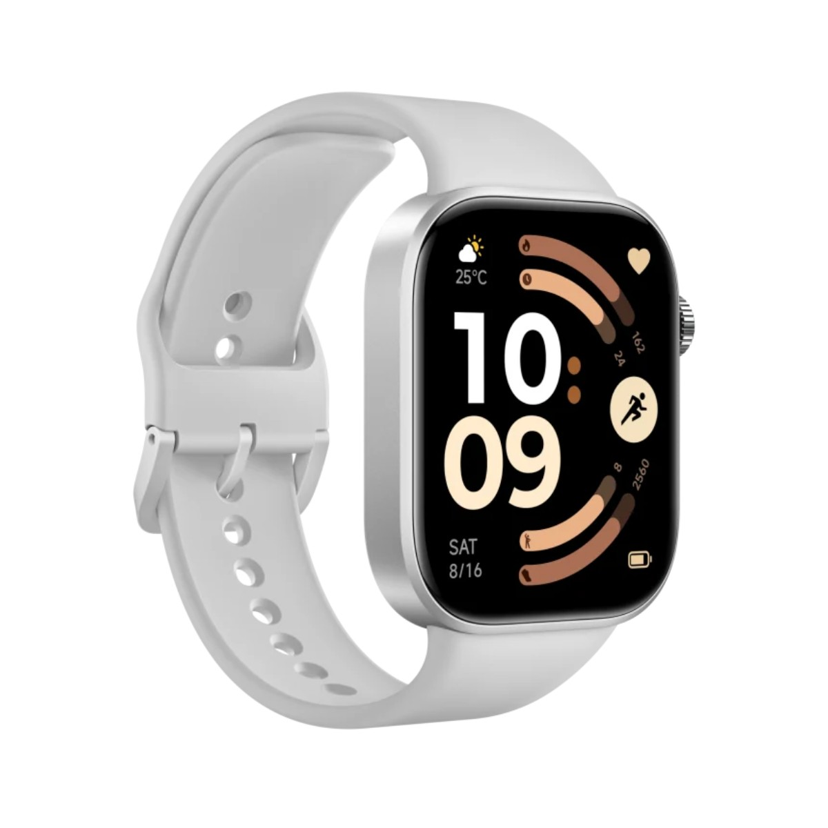 Smartwatch argento con cinturino bianco mostra 25°C, ora 10:09, data Sab 16/8.