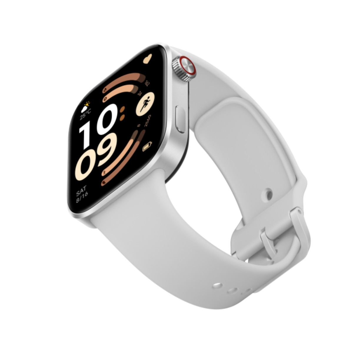 Orologio smart argentato con cinturino bianco e quadrante scuro.