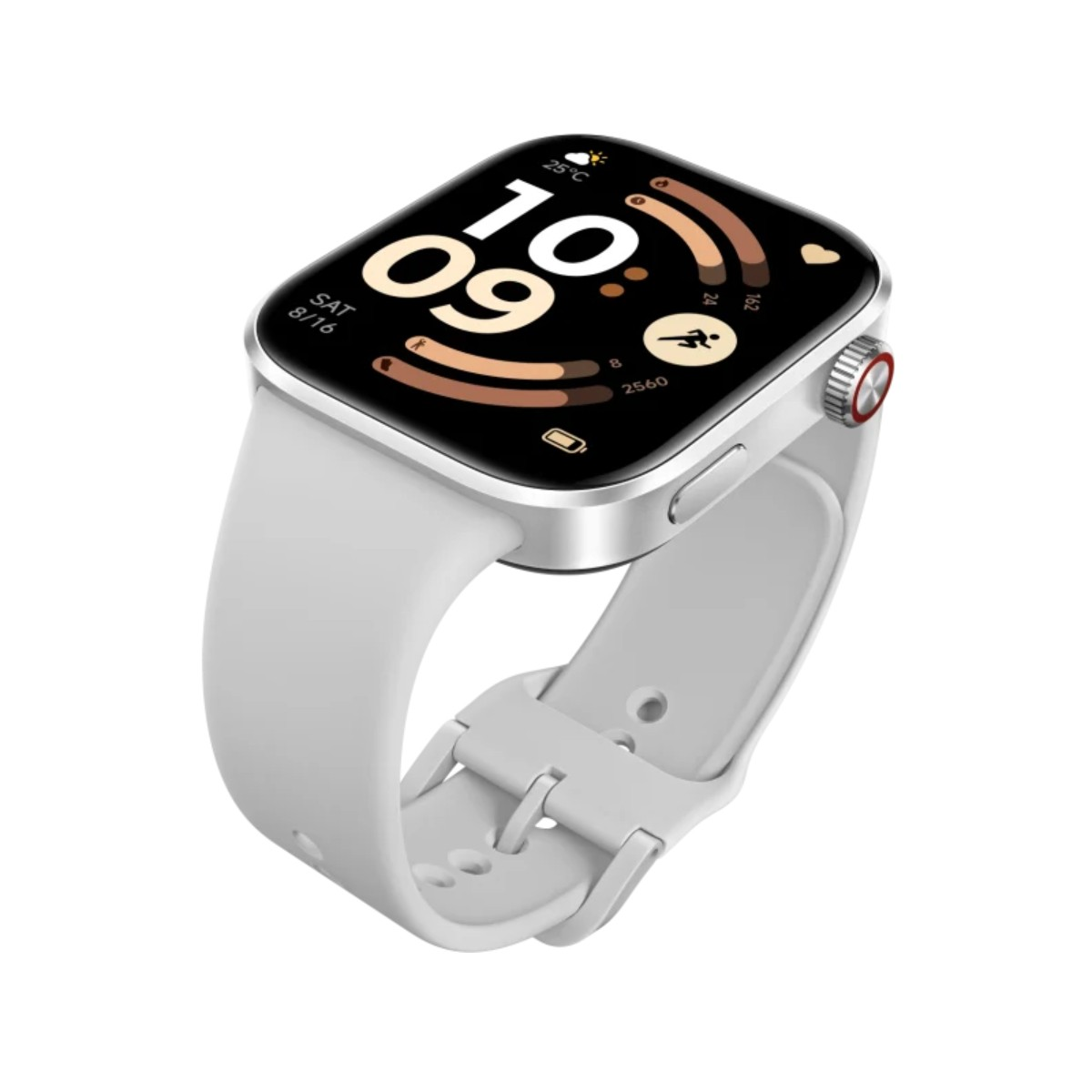 Uno smartwatch bianco con ghiera argentata e cinturino grigio chiaro mostra le 10:09.