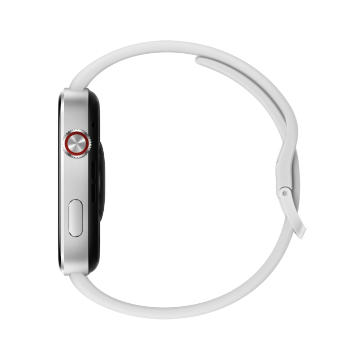 Smartwatch argentato con cinturino bianco, lato destro mostra la corona.