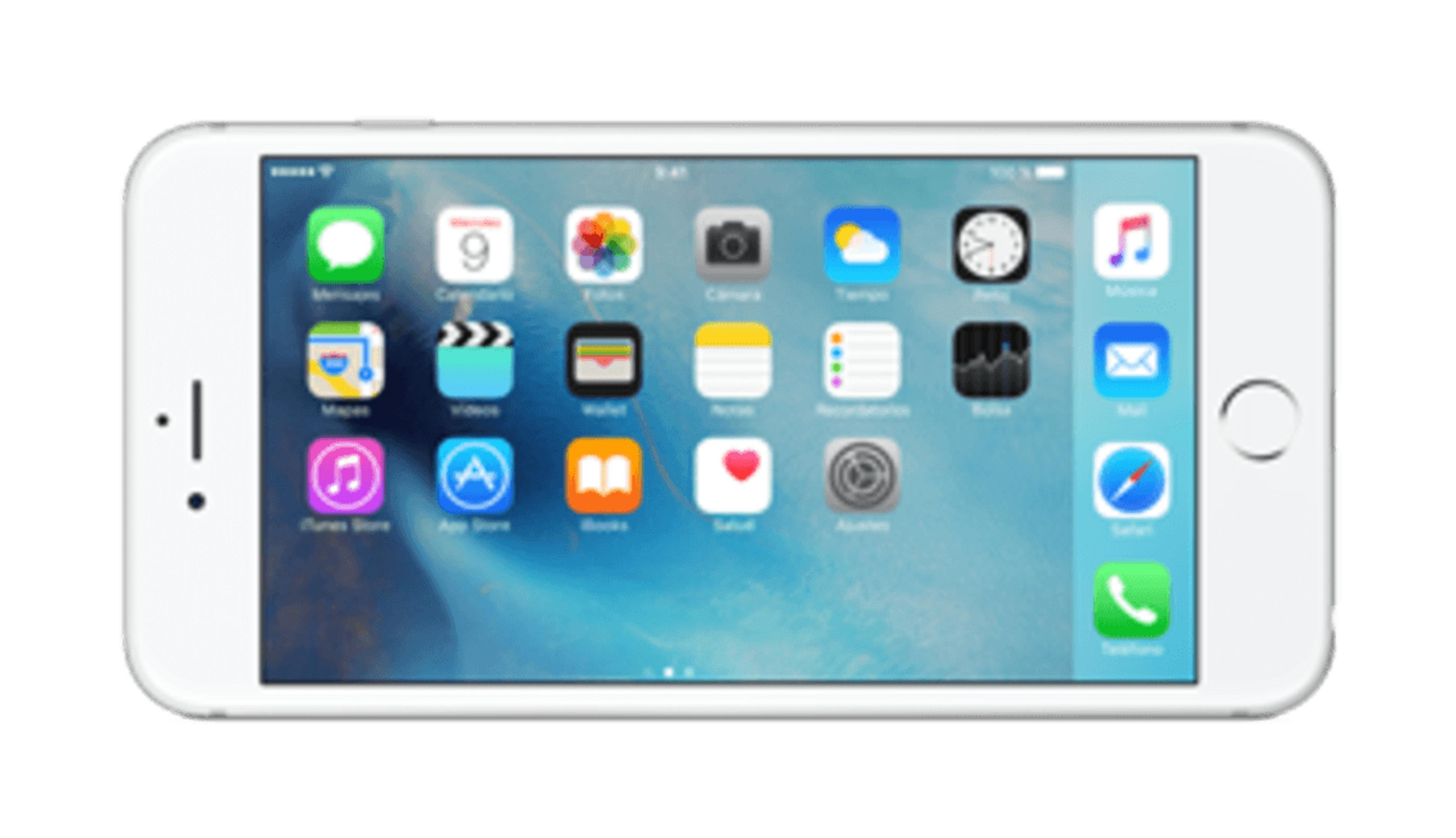 Un iPhone bianco mostra la schermata home con varie icone di app su sfondo blu.