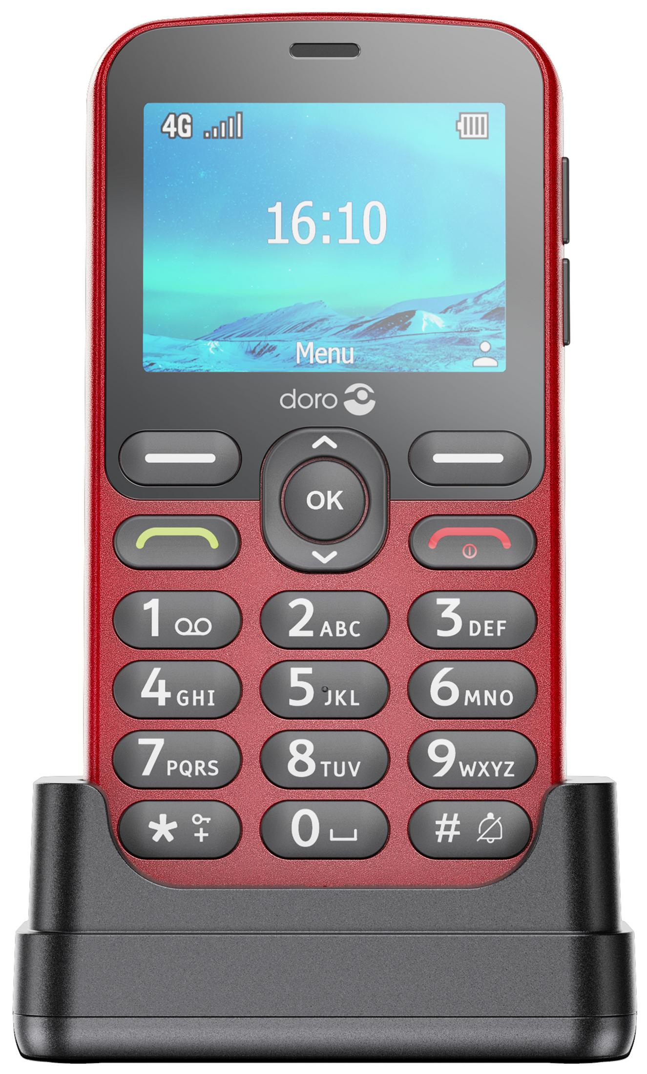 Un telefono Doro rosso con tastiera e indicatore 4G, appoggiato su un supporto nero.