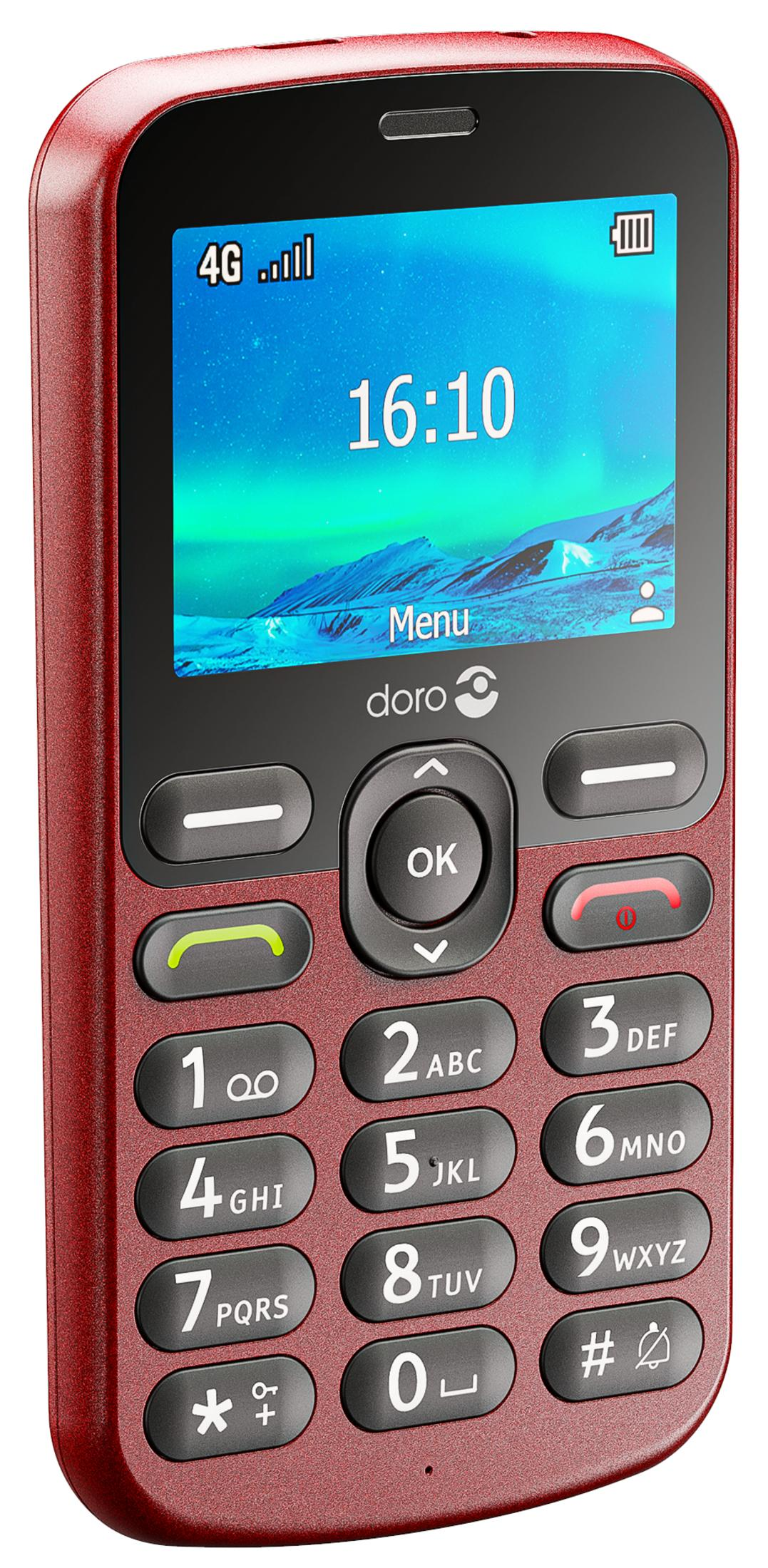 Un cellulare Doro rosso con tastiera e schermo che mostra 16:10.