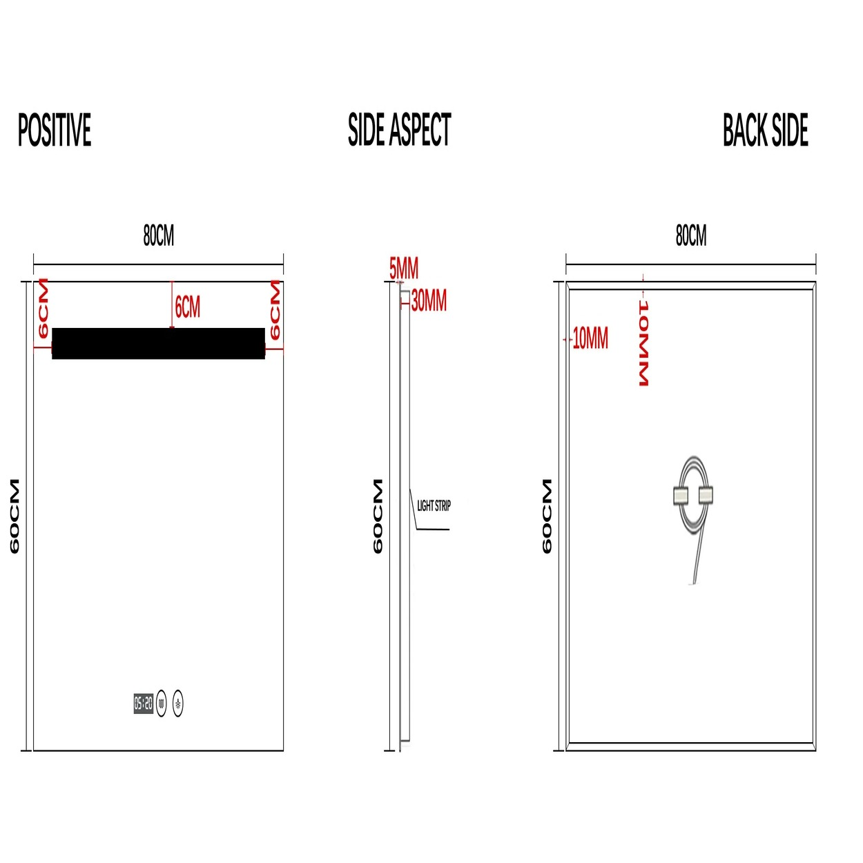 Diagram van een 80x60cm spiegel met afmetingen en lichtstrip.