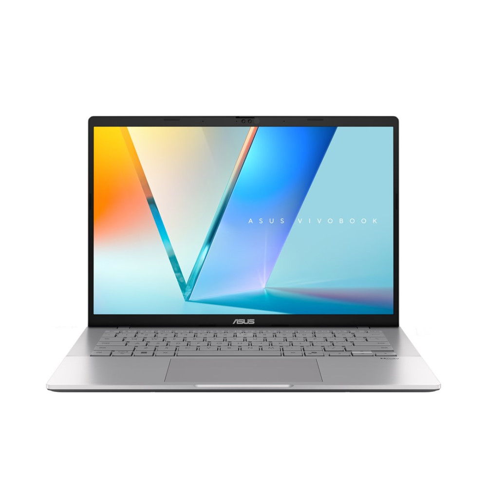 Srebrny laptop ASUS Vivobook z podświetlaną klawiaturą i abstrakcyjnym tłem ekranu.