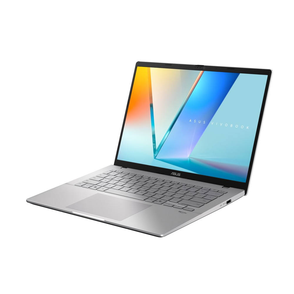 Srebrny laptop Asus Vivobook z kolorowym ekranem, na białym tle.