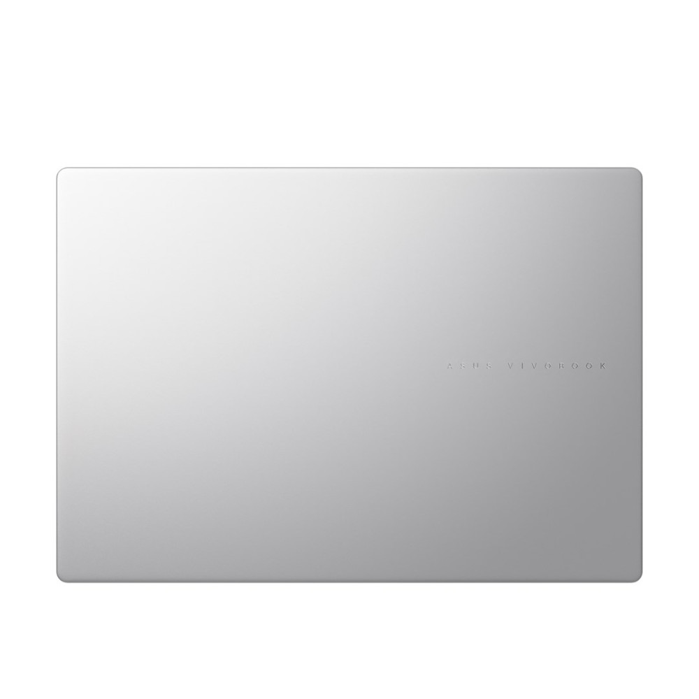 Srebrny laptop z napisem ASUS VIVBOOK na białym tle.
