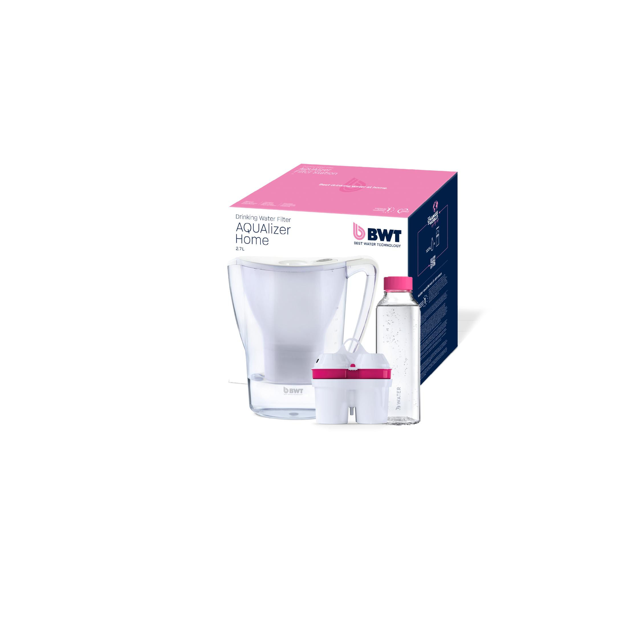 Una caraffa filtrante per acqua BWT Aqualizer Home con filtro e bottiglia.