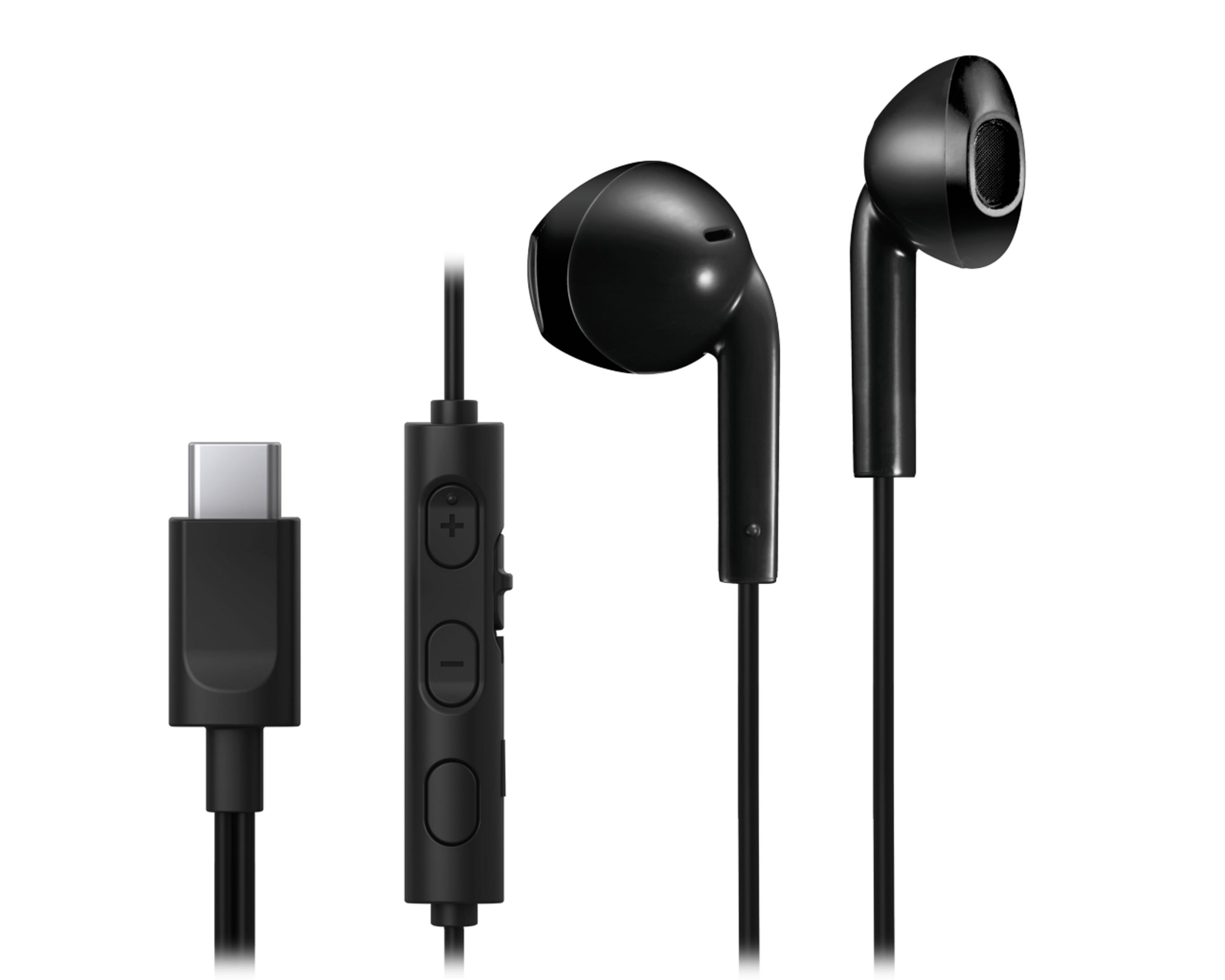 Auricolari neri in-ear con connettore USB-C e controlli del volume.