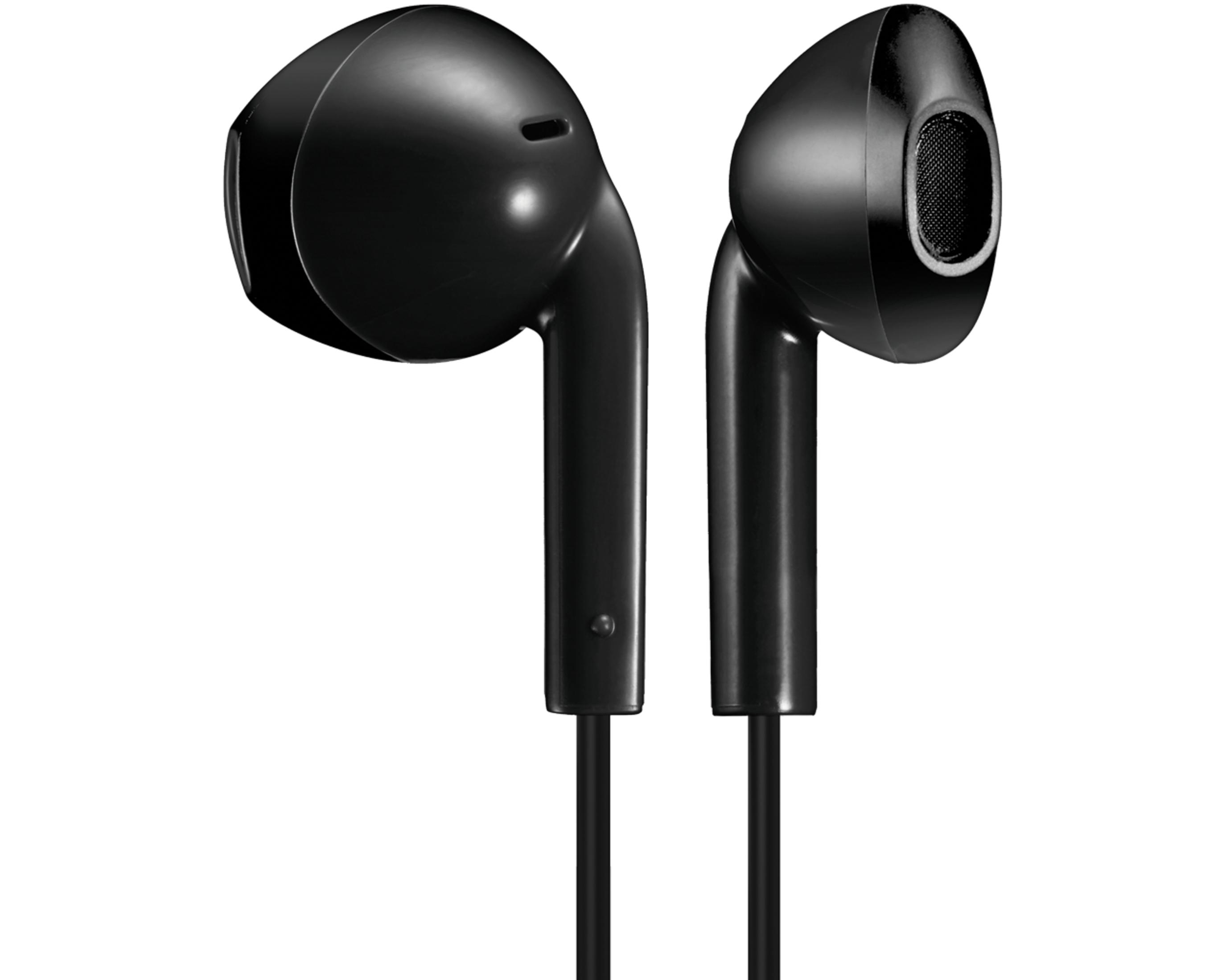 Due auricolari neri in-ear con cavi, isolati su sfondo bianco.