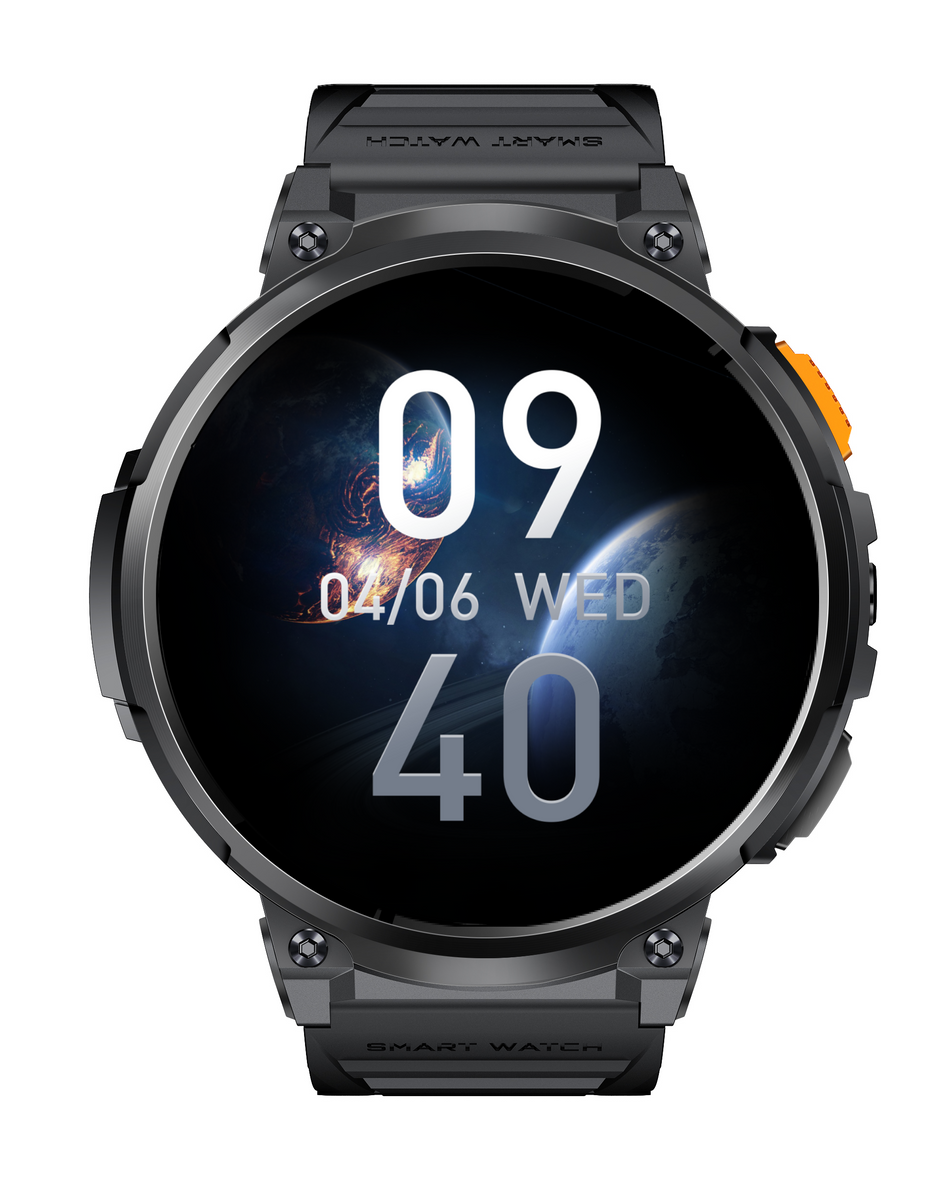 Czarny smartwatch z kosmicznym tłem wyświetlający godzinę 09:40.