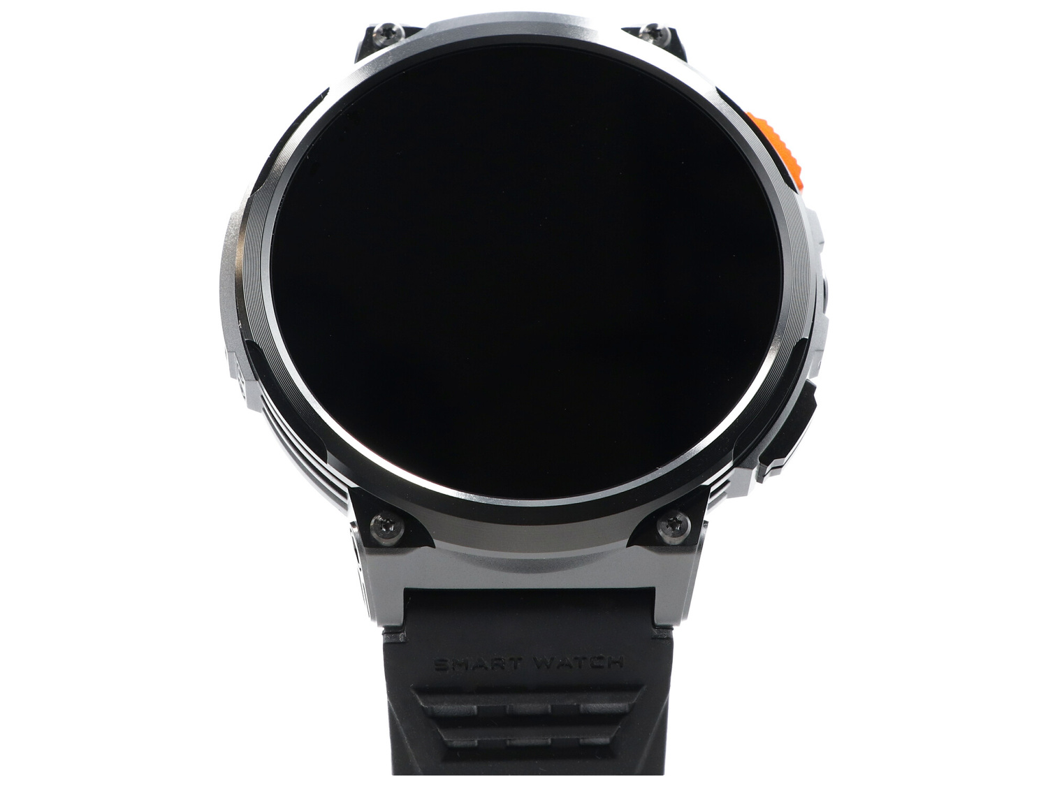 Szary smartwatch z czarnym wyświetlaczem i pomarańczowym przyciskiem.