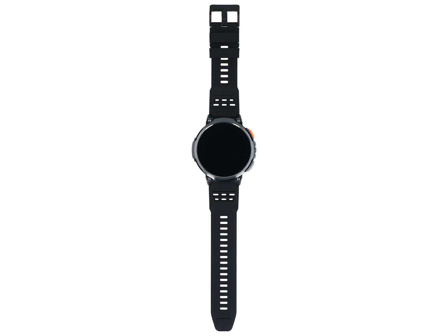 Czarny smartwatch z okrągłym ekranem i czarnym paskiem jest pokazany.