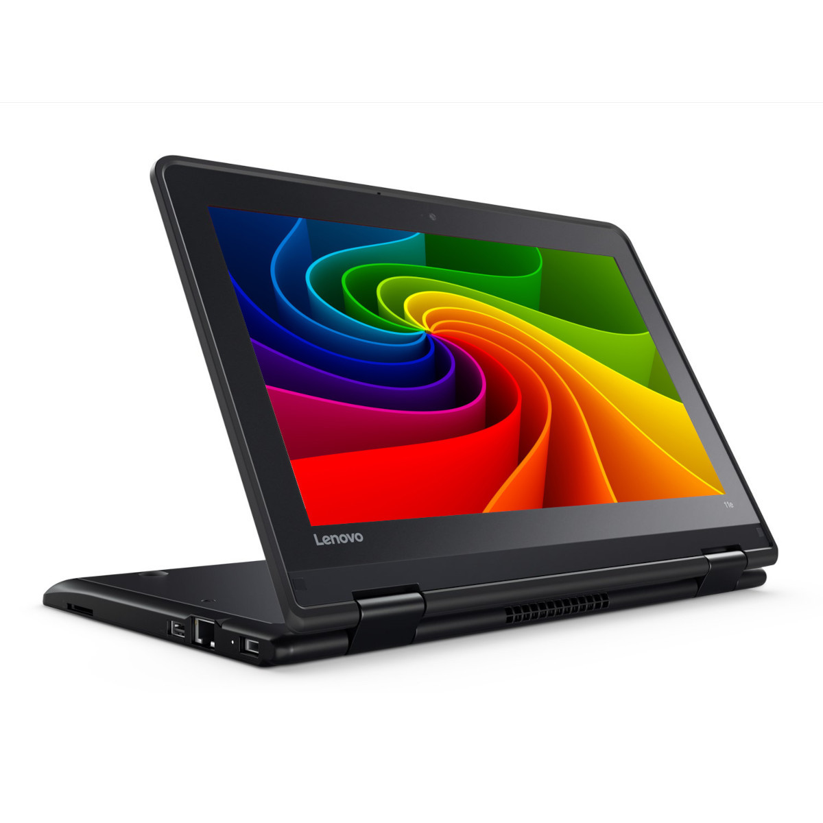 Schwarzer Lenovo Laptop mit buntem Wirbelhintergrund auf dem Bildschirm.