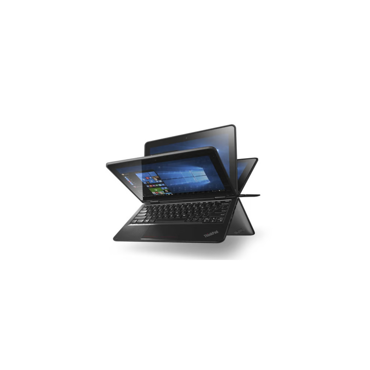 Ein schwarzer Laptop mit geöffnetem Bildschirm, der auf einem weißen Hintergrund steht.