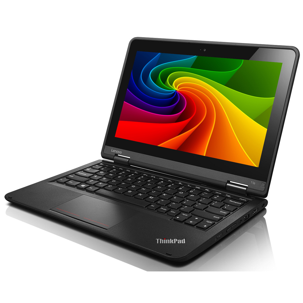 Ein offenes schwarzes Lenovo ThinkPad mit einem bunten Hintergrundbild auf dem Bildschirm.