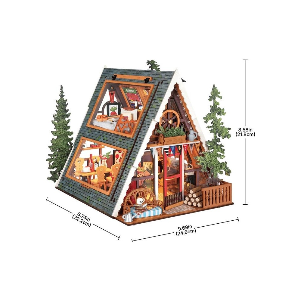 Casa miniatura de dos pisos, interior detallado, árboles y dimensiones.