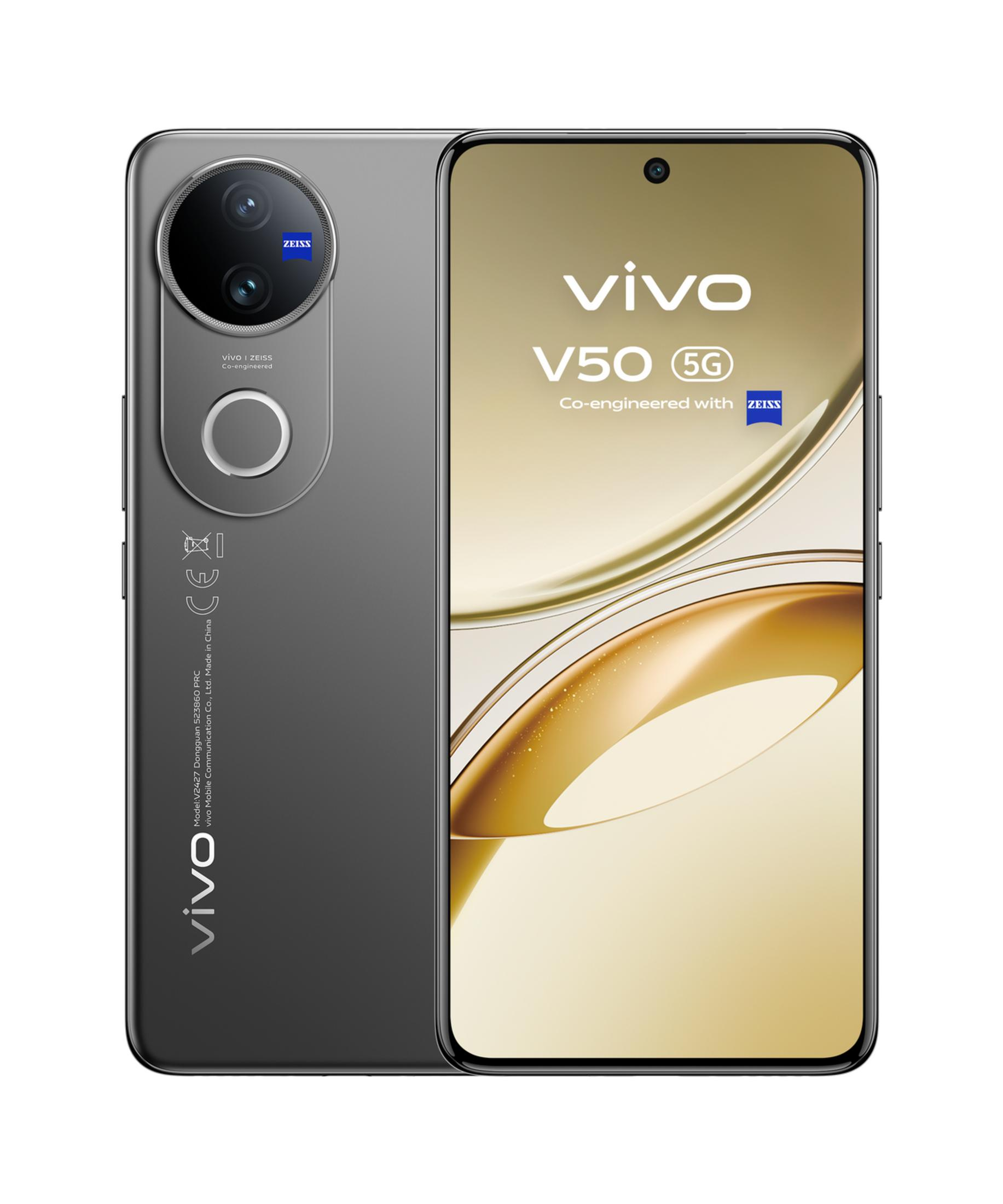 Graues Vivo V50 5G Smartphone mit Zeiss-Kamera und goldener Wellen-Hintergrundgrafik.