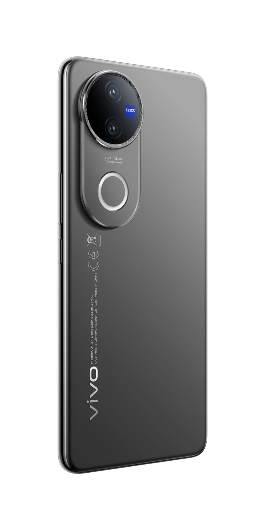 Rückseite eines grauen Vivo Smartphones mit kreisförmigem Kameramodul und ZEISS-Branding.
