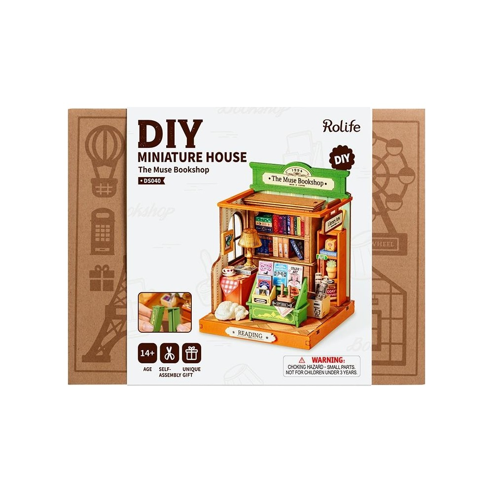 Detaylı model ve uyarı etiketli DIY Minyatür Ev 'The Muse Bookshop' kiti.