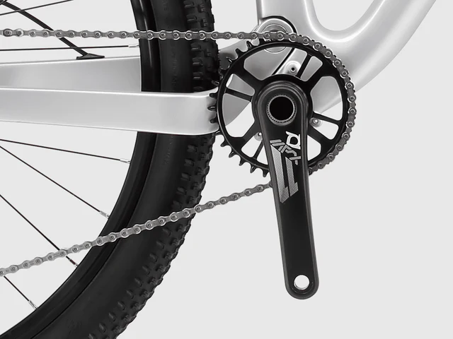 Nahaufnahme der silbernen Fahrradkette, des schwarzen Kettenblatts und der schwarzen Kurbel.